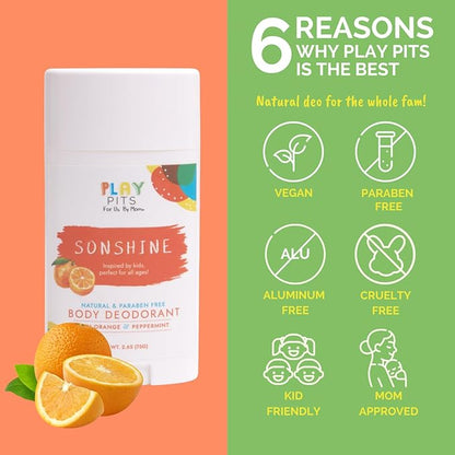 PLAY PITS - Natural Kids Whole Body Deodorant - Safe for Girls & Boys w/Sensitive Skin of All Ages - Clean & Paraben Free – SUGA, SONSHINE, & HAPPY - Infused w/Essential Oils – Variety 3 pack