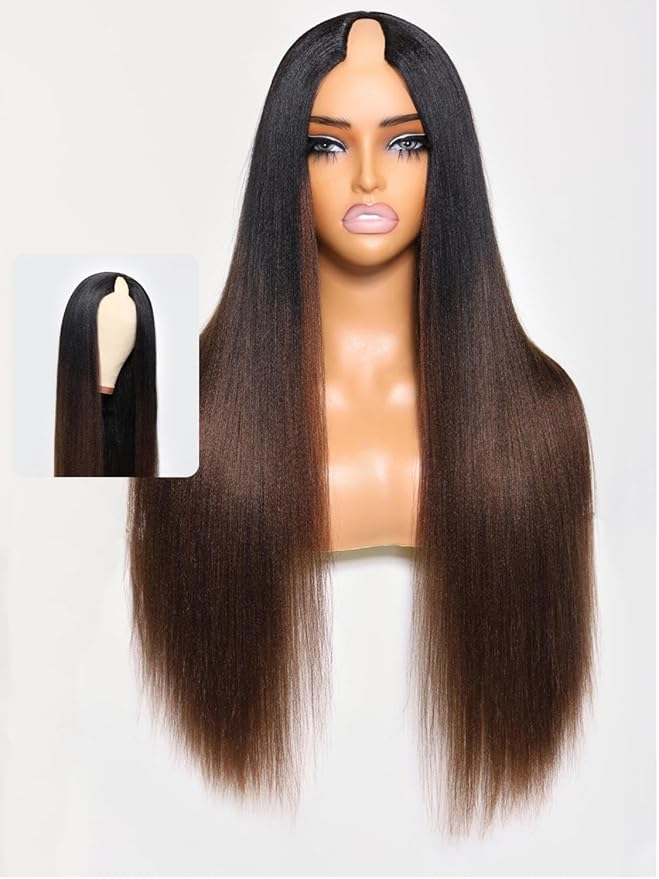 Beauty Forever V Part Wig Human Hair Yaki Straight EasiContour Vpart Wigs No Leave Out Ombre Chestnut Brown Glueless Upgraded U Part Drawstring Wigs for WomenT128 Color 150% Density 16inch