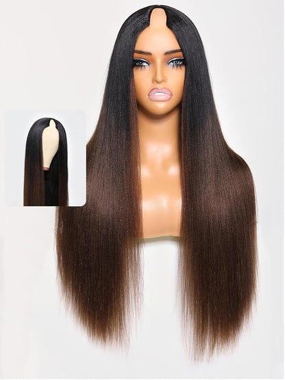 Beauty Forever V Part Wig Human Hair Yaki Straight EasiContour Vpart Wigs No Leave Out Ombre Chestnut Brown Glueless Upgraded U Part Drawstring Wigs for WomenT128 Color 150% Density 16inch