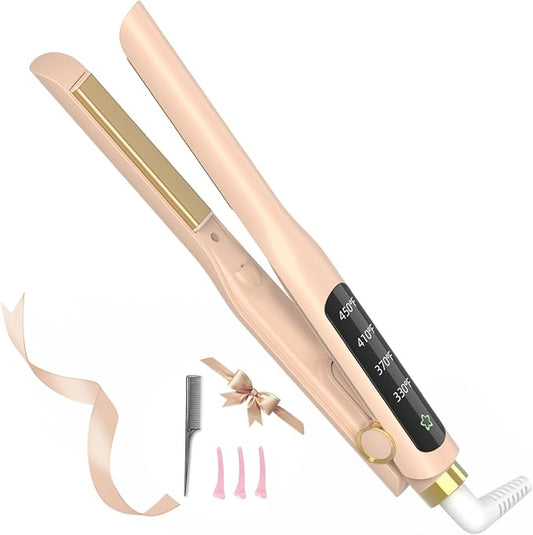 Small Flat Iron, 1/2 Inch Flat Iron for Short Hair Straightener and Curler 2 in 1, Ceramic Ionic Floating Plates for Less Frizz, 10s Quick Heat Up, Straightener for All Hair Types(Pink)