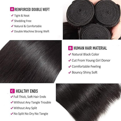 10A Straight Bundles Human Hair 12 14 16 Inch 100% Unprocessed Virgin Brazilian Straight Human Hair Weave 3 Bundles Natural Black Color
