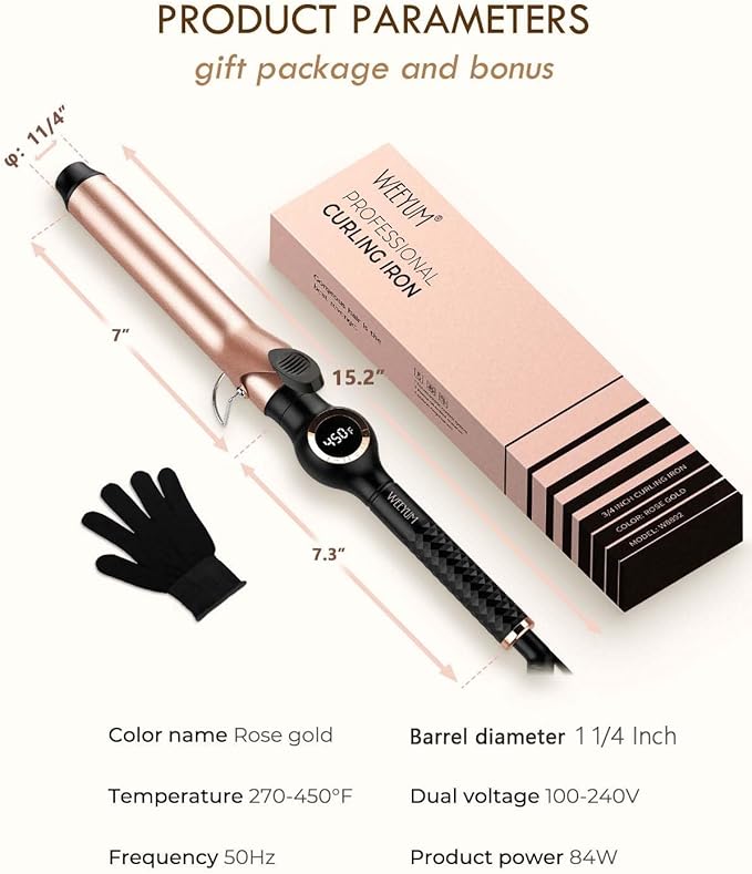 WEEYUM 1 1/4 Inch Ceramic Tourmaline Hair Curling Iron, Long Barrel Curling Wand, Double Voltage(100-240V)