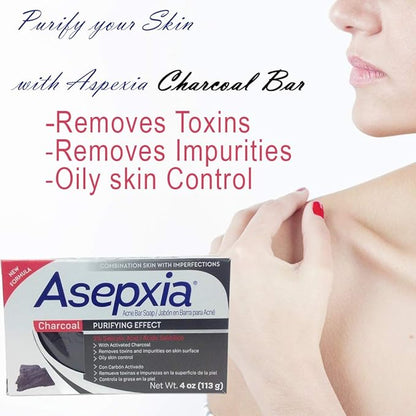 Asepxia Charcoal Cleansing Bar Soap. For Acne and Blackheads. Removes Impurities and Toxins. Helps Oily Skin. With Salycilic Acid. 4 Oz. Pack of 3