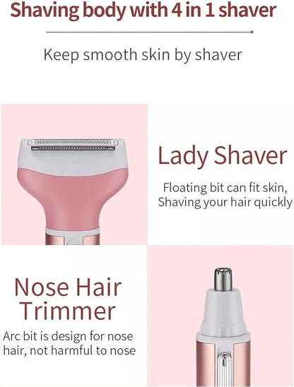 Electric Razor for Women Facial Hair Removal and 4 in 1, Bikini Trimmer Pubic Underarms Painless Nose Eyebrow Body Leg Hair Removal Rechargeable Hair Clippers Grooming Set