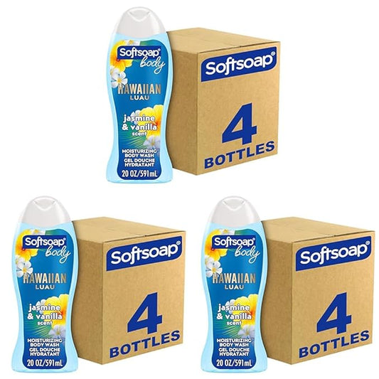 Softsoap Moisturizing Body Wash Hawaiian Luau, Jasmine and Vanilla Scent, 20 oz Bottle, 12 Pack