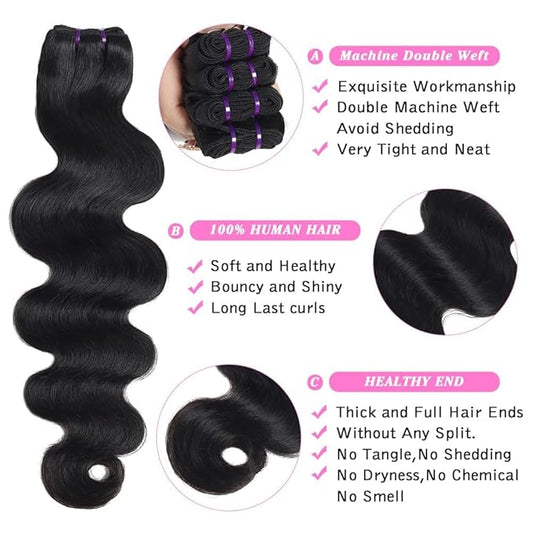 Beauty Queen 3 Bundles Human Hair Body Wave (20 20 20 Inch) 16A Grade Unprocessed Brazilian Sew In Thick Hair Bundles Virgin Hair Extensions Natural Color
