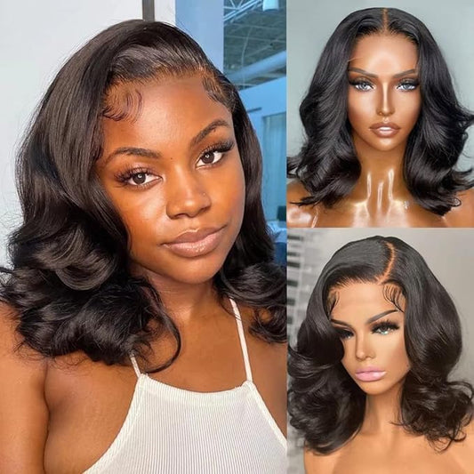 5x5 Bob Wig Human Hair Glueless Wigs Human Hair Pre Plucked HD Lace Closure Wigs Human Hair 180% Density Short Body Wave Bob Wigs for Black Women 12 inch
