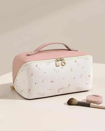 EACHY Travel Makeup Bag,Large Capacity Cosmetic Bags for Women,Waterproof Portable Pouch Open Flat Toiletry Bag Make up Organizer with Divider and Handle