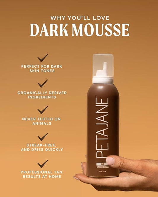 Dark Tanning Mousse 7oz - Sunless Self-Tanner for a Natural, Streak-Free, Organically Derived, Lightweight & Fast Absorbing, Non-Sticky, For All Skin Types, Vegan & Cruelty-Free