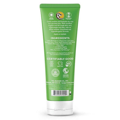 Badger Organic Aloe Vera Gel for Face & Body, 96% Pure Unscented Organic Aloe Gel for Cooling, Soothing, Non-Sticky Sunburn Relief, Vegan, Fair Trade & Hypoallergenic, 4 fl oz, 2-Pack