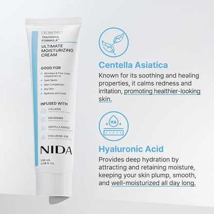 NIDA Youthful Formula™ Ultimate Moisturizing Cream | Centella Asiatica, Niacinamide, Hyaluronic Acid, Collagen | Wrinkles, Fine Lines, Dark Spots, Dry Skin, Redness | 3.38 fl. oz., 100ml