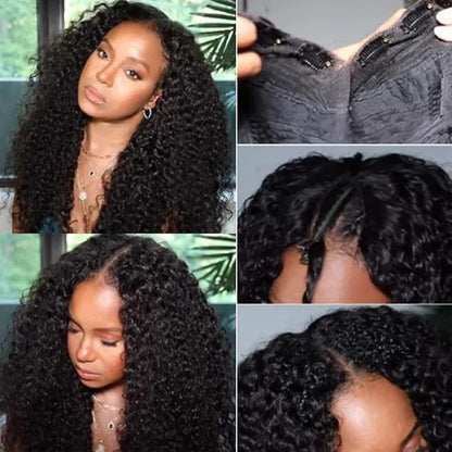 Beauty Forever Small Cap Curly V Part Wig Human Hair No Leave Out Lace Front Wigs No Glue No Gel Upgraded U Part Wigs For Women, 10A Grade Glueless Wig Wear And Go Beginner Friendly 5X2.5 Inch Lace Wig 150% Density Natural Color 24 Inch