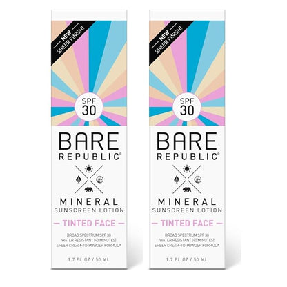 Bare Republic Tinted Mineral Sunscreen SPF 30 Sunblock Face Lotion, Sheer and Non-Greasy Finish, 1.7 Fl Oz, 2 Pack