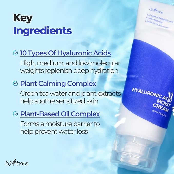 ISNTREE Hyaluronic Acid Moist Cream 100ml, 3.38 fl.oz | Korean Skincare | Balances Oil & Moisture | Deep Hydration