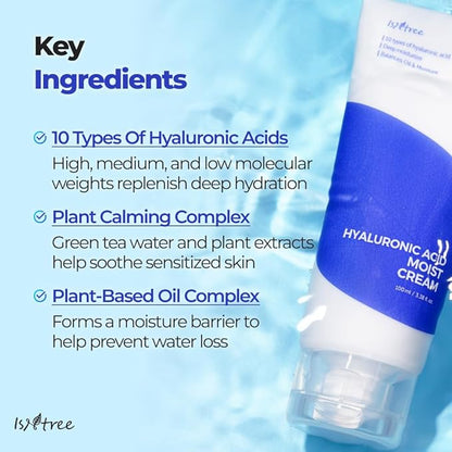 ISNTREE Hyaluronic Acid Moist Cream 100ml, 3.38 fl.oz | Korean Skincare | Balances Oil & Moisture | Deep Hydration