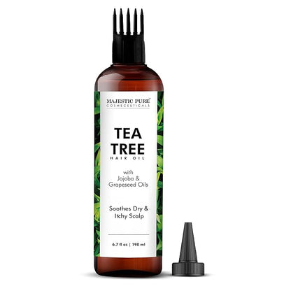 Majestic Pure 100% Pure Tea Tree Oil with Biotin for Hair Care, Strengthening, Nourishing, and Volumizing Formula with Jojoba Oil and Castor Oil - Non GMO Verified, 198 ml