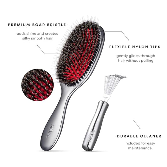 MISEL Boar Bristle Hair Brush and Cleaner Bundle | For Women & Men | Detangles Thin or Thick Hair and Extensions | Reduces Breakage | For Natural or Straight Hair | Medium