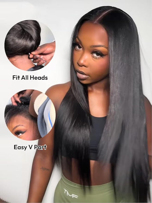 Beauty Forever V Part Wig Human Hair Yaki Straight EasiContour Vpart Wigs No Leave Out Glueless Upgraded Kinky U Part Wigs for Women Beginner Friendly Natural Color 180% Density 14inch