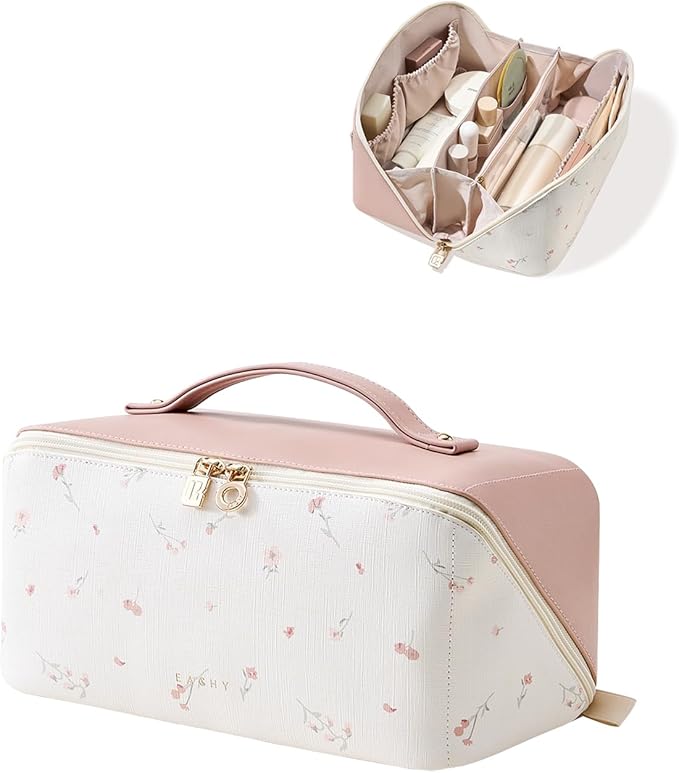 EACHY Travel Makeup Bag,Large Capacity Cosmetic Bags for Women,Waterproof Portable Pouch Open Flat Toiletry Bag Make up Organizer with Divider and Handle