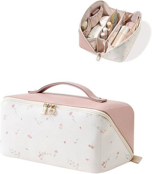 EACHY Travel Makeup Bag,Large Capacity Cosmetic Bags for Women,Waterproof Portable Pouch Open Flat Toiletry Bag Make up Organizer with Divider and Handle