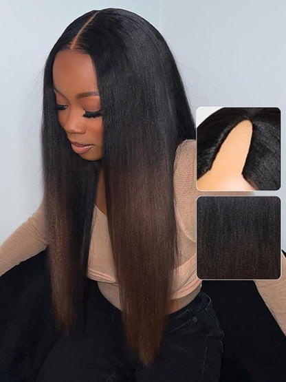 Beauty Forever V Part Wig Human Hair Yaki Straight EasiContour Vpart Wigs No Leave Out Ombre Chestnut Brown Glueless Upgraded U Part Wigs for Women None Lace Front Wigs T128 Color 150% Density 18inch