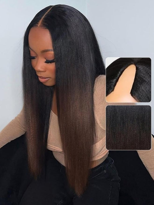 Beauty Forever V Part Wig Human Hair Yaki Straight EasiContour Vpart Wigs No Leave Out Ombre Chestnut Brown Glueless Upgraded U Part Wigs for Women None Lace Front Wigs T128 Color 150% Density 24inch