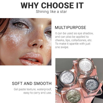 Single Glitter Eyeshadow, Shimmer Eyeshadow Palette, Korean Eye Glitter Makeup, Ultra-Blendable, Sparkle Silver Eye Shadow, Single Shade Metallic Pigmented, (Silver)