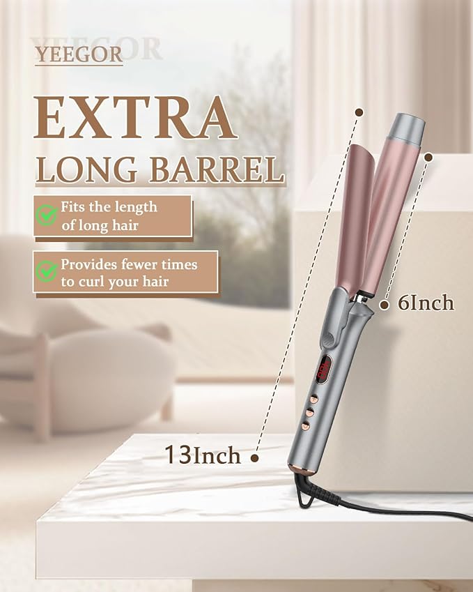 YEEGOR 1 1/4 Inch Curling Iron, Extra Long Ceramic Barrel Curling Iron for Long Hair Get Wavy Curls,Dual Voltage Hair Curler for Travel,Rose Gold