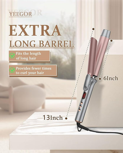 YEEGOR 1 1/4 Inch Curling Iron, Extra Long Ceramic Barrel Curling Iron for Long Hair Get Wavy Curls,Dual Voltage Hair Curler for Travel,Rose Gold