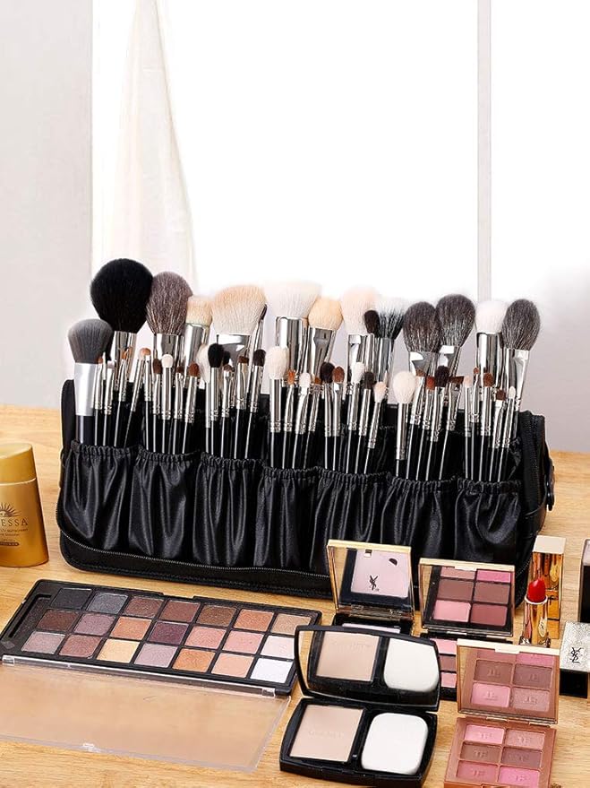 Rownyeon Professional Makeup Brushes Organizer Bag Makeup Artist Cosmetic Case Leather Handbag Black Travel Portable(Only Bag)