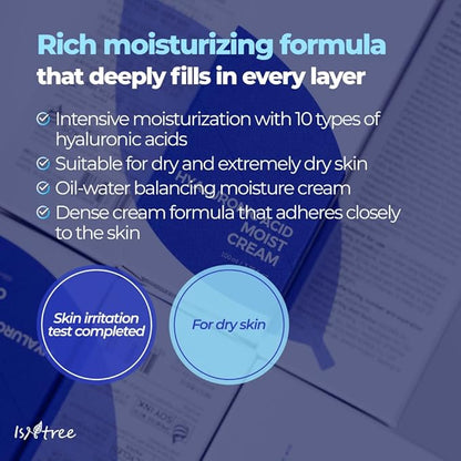 ISNTREE Hyaluronic Acid Moist Cream 100ml, 3.38 fl.oz | Korean Skincare | Balances Oil & Moisture | Deep Hydration