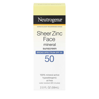 Neutrogena Sheer Zinc Oxide Dry-Touch Mineral Face Sunscreen Lotion with Broad Spectrum SPF 50, Oil-Free, Non-Comedogenic & Non-Greasy, Hypoallergenic, 2 fl. oz