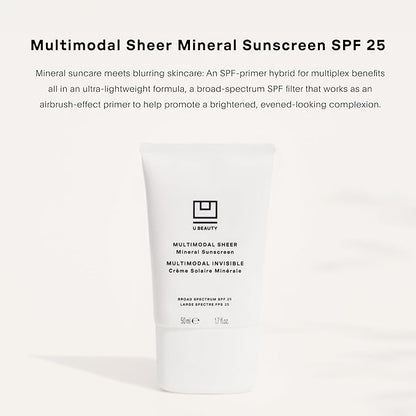 U Beauty Multimodal Sheer Facial Mineral Sunscreen SPF 25 with Non-Nano Zinc Oxide SPF Filter, plus Clary Sage and Pongamia Pinnata Seed Extracts for Brighter-Looking Skin with an Airbrush Finish