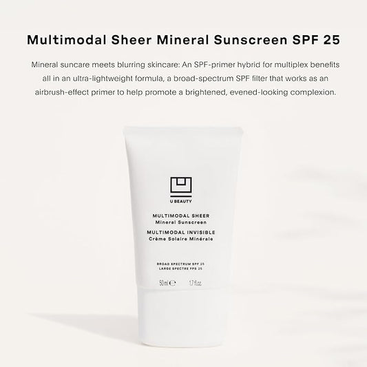 U Beauty Multimodal Sheer Facial Mineral Sunscreen SPF 25 with Non-Nano Zinc Oxide SPF Filter, plus Clary Sage and Pongamia Pinnata Seed Extracts for Brighter-Looking Skin with an Airbrush Finish