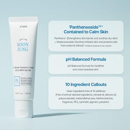 ETUDE SoonJung 2x Barrier Intensive Cream 60ml (21AD) | Hypoallergenic Shea Butter Hydrating Facial Cream for Sensitive Skin, Water-oil Balance & Panthenol for Damaged Skin | Korean Skin Care
