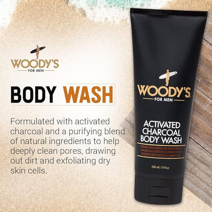 Woody's Activated Charcoal Body Wash for Men - Deep Cleansing, Exfoliating Face & Body Wash, Hydrating Formula with Walnut Extracts, Fresh Scent, 8 oz