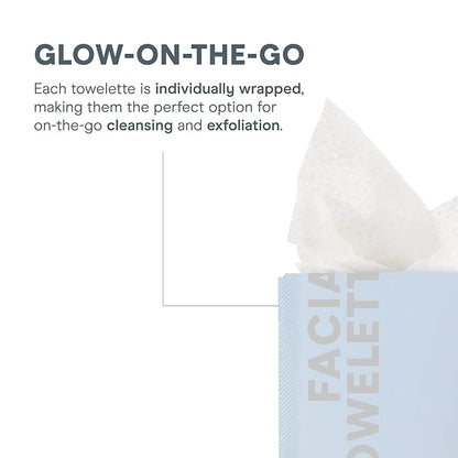 NuFACE Prep-N-Glow Facial Towelettes - 2-in-1 Exfoliating + Cleansing Makeup Remover Wipes, Hyaluronic Acid Travel Face Wipes to Hydrate & Brighten for Glowing Skin - 20 Individually Wrapped Cloths