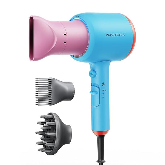 Wavytalk Hair Dryer with Diffuser, Blown Away Ionic Hair Dryer for Curly Hair with Comb, 1875W Fast Drying Blow Dryer with Ceramic Technology, 3 Attachments for All Hair Types, Light and Quiet, Poppa