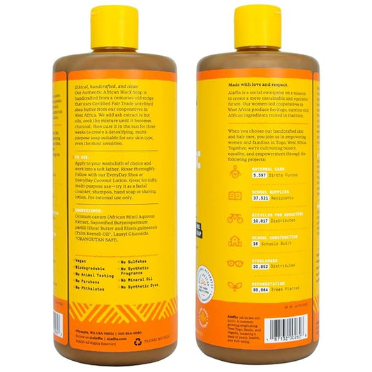 Alaffia Authentic African Black Soap, Unscented, 2-Pack – All-in-One Moisturizing Cleanser for Face, Hands, Body & Hair, 32 Oz Ea