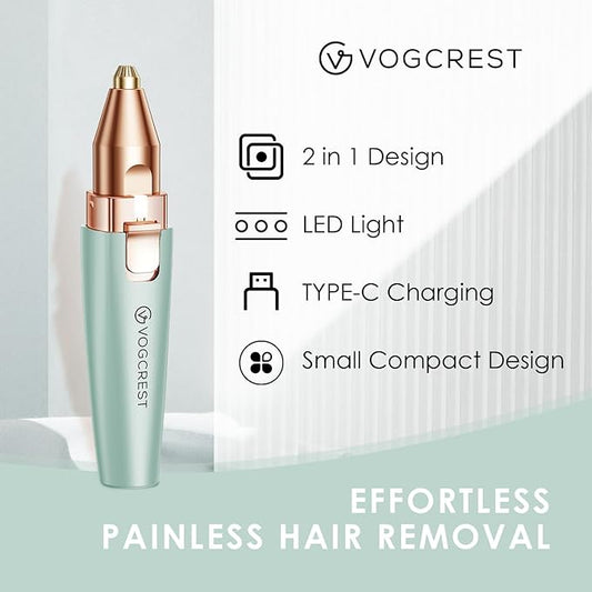 Eyebrow Facial Trimmer: 2 in1 Rechargeable Facial Hair Removal and Eyebrow Shaver - Face Lips Body Painless Facial Razor with Built-in LED Light (Pastel Green)