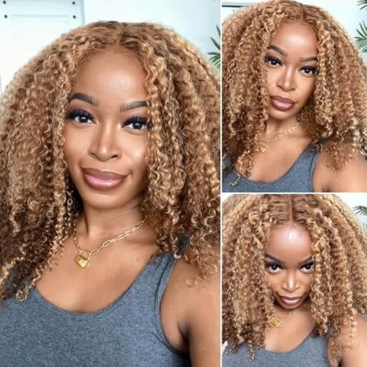 Beauty Forever Bye Bye Knots 7X5 Pre Cut Lace Honey Blonde Highlight Jerry Curly Put on Go Glueless Lace Front Wig,Mixed Color Invisible Knots Human Hair Wigs Pre Plucked Hairline 150% Density 24 Inch