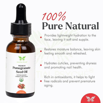 USDA Certified Organic Pomegranate Seed Oil (1 Oz) 100% Pure Natural, Hexane-Free, Face Moisturizer, Skin Hydration, Nails Natural Beauty Enhancement