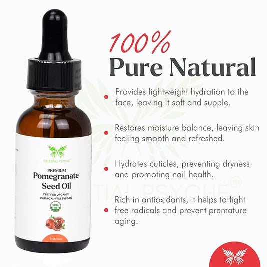 USDA Certified Organic Pomegranate Seed Oil (1 Oz) 100% Pure Natural, Hexane-Free, Face Moisturizer, Skin Hydration, Nails Natural Beauty Enhancement