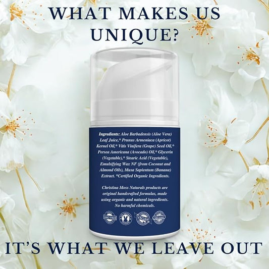 Christina Moss Naturals Unscented Moisturizer, Natural and Organic Ingredients, Gentle, No Toxic Chemicals