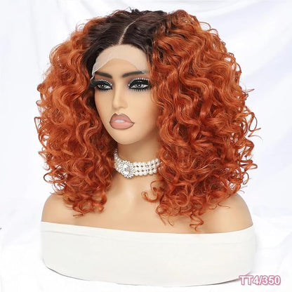 Felek 16inch Curly Lace Front Wigs Ginger Orange with Dark Roots Middle Part Jerry Curl Wig T Lace Front Curly Synthetic Glueless Pre-Plucked Deep Curly Wigs For Black Women (T4-350)