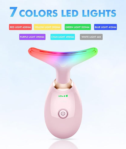 Red-Light-Therapy-for-Face-and-Neck, 7 Color Face Massager Tool for Wrinkles, Double Chin, Vibrating Facial Massager with Thermals for Skin Care, Glossy Pink