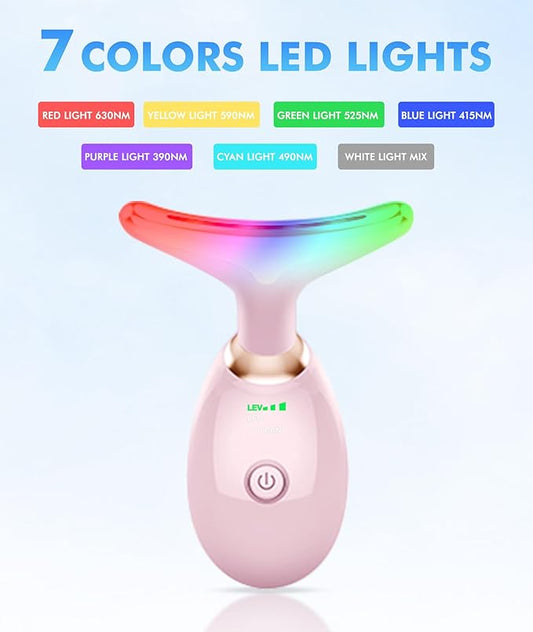 Red-Light-Therapy-for-Face-and-Neck, 7 Color Face Massager Tool for Wrinkles, Double Chin, Vibrating Facial Massager with Thermals for Skin Care, Glossy Pink