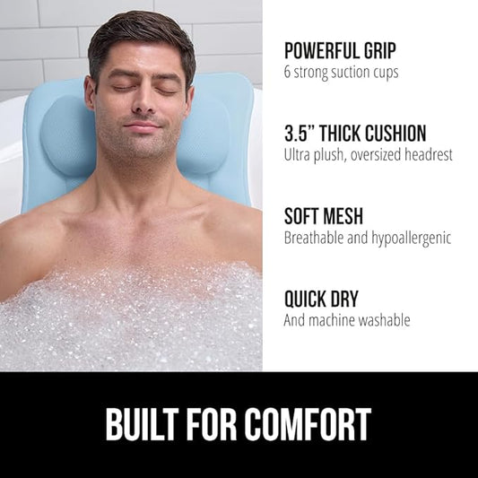 GORILLA GRIP Mesh Bath Pillow for Tub, 6 Powerful Suction Cups, Oversized Headrest with Breathable FlexComfort Technology for Neck, Head, Back Support, Luxury Machine Washable Bathtub Must Haves, Blue