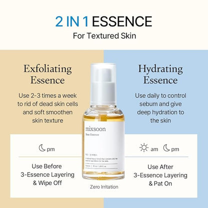 mixsoon Bean Essence Exfoliating Hydrating Korean Skin Care Glass skin Hyaluronic Acid Serum (1.6 Fl Oz (Pack of 1))
