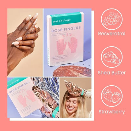 Patchology Rosé Fingers Renewing Hand Mask - Strawberry-Scented Moisturizing Gloves with Shea Butter for Dry & Cracked Hands, Repairing Hand Treatment for Baby Soft Skin, Self-Care Essential - 1 Pair